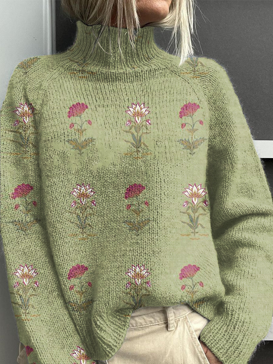 Suéter de jersey de cuello alto de punto de impresión de arte floral encantador de la vendimia de las mujeres