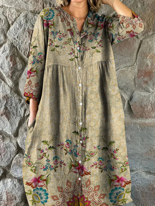 Retro Boho Floral Art Print Vintage Chic V-cuello botón de manga larga vestido de Midi