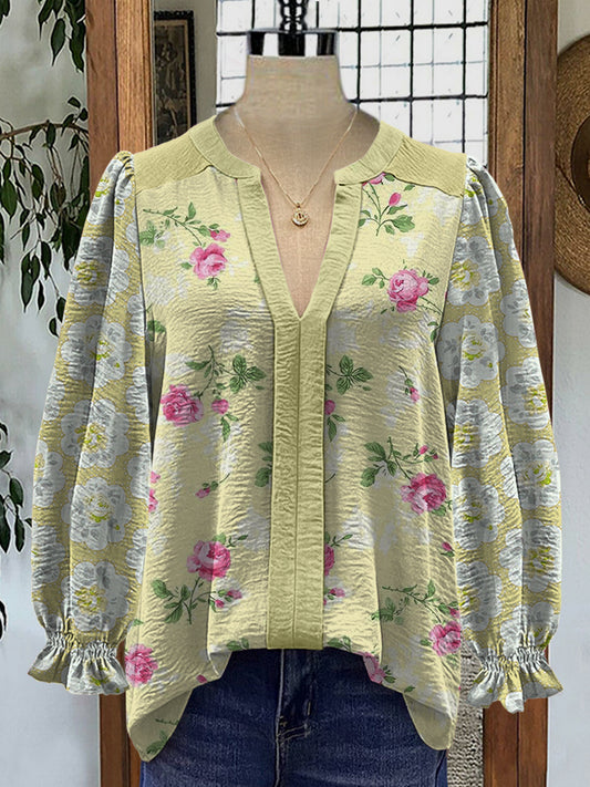 Retro Boho arte floral impreso cuello en V elegante Vintage Chic Bud camisa de manga larga