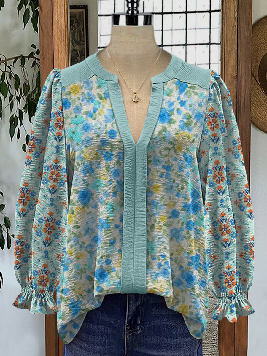 Retro Boho arte floral impreso cuello en V elegante Vintage Chic Bud camisa de manga larga