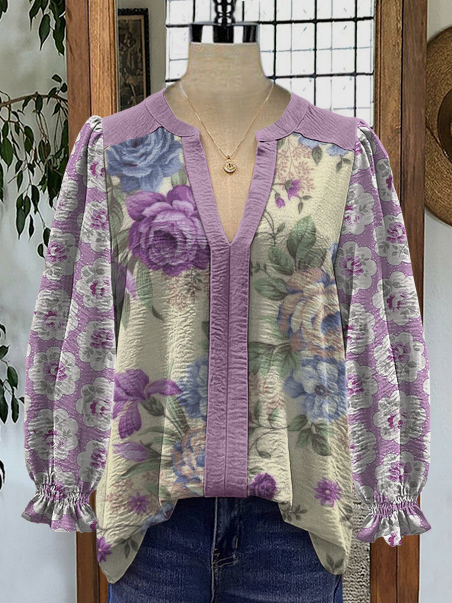 Retro Boho arte floral impreso cuello en V elegante Vintage Chic Bud camisa de manga larga