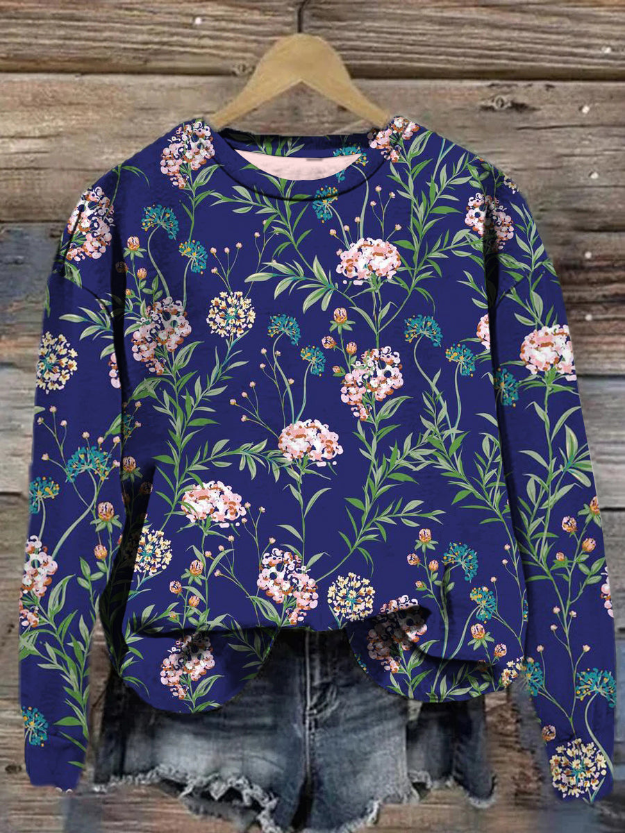 Primavera Flor Hada Impreso Crew-Neck Retro Moda Suelta Sudadera de manga larga