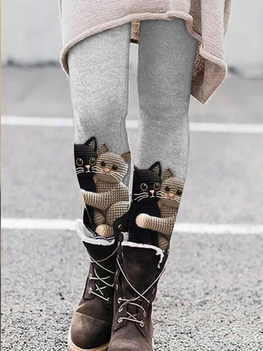 Las mujeres retro lindo gato impreso ejercicio elástico confort Yoga Leggings