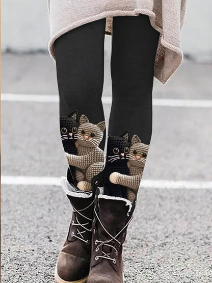 Las mujeres retro lindo gato impreso ejercicio elástico confort Yoga Leggings