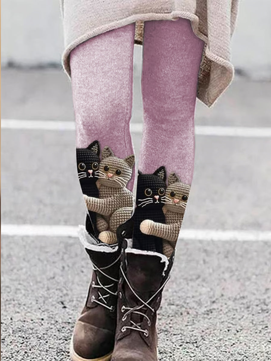 Las mujeres retro lindo gato impreso ejercicio elástico confort Yoga Leggings