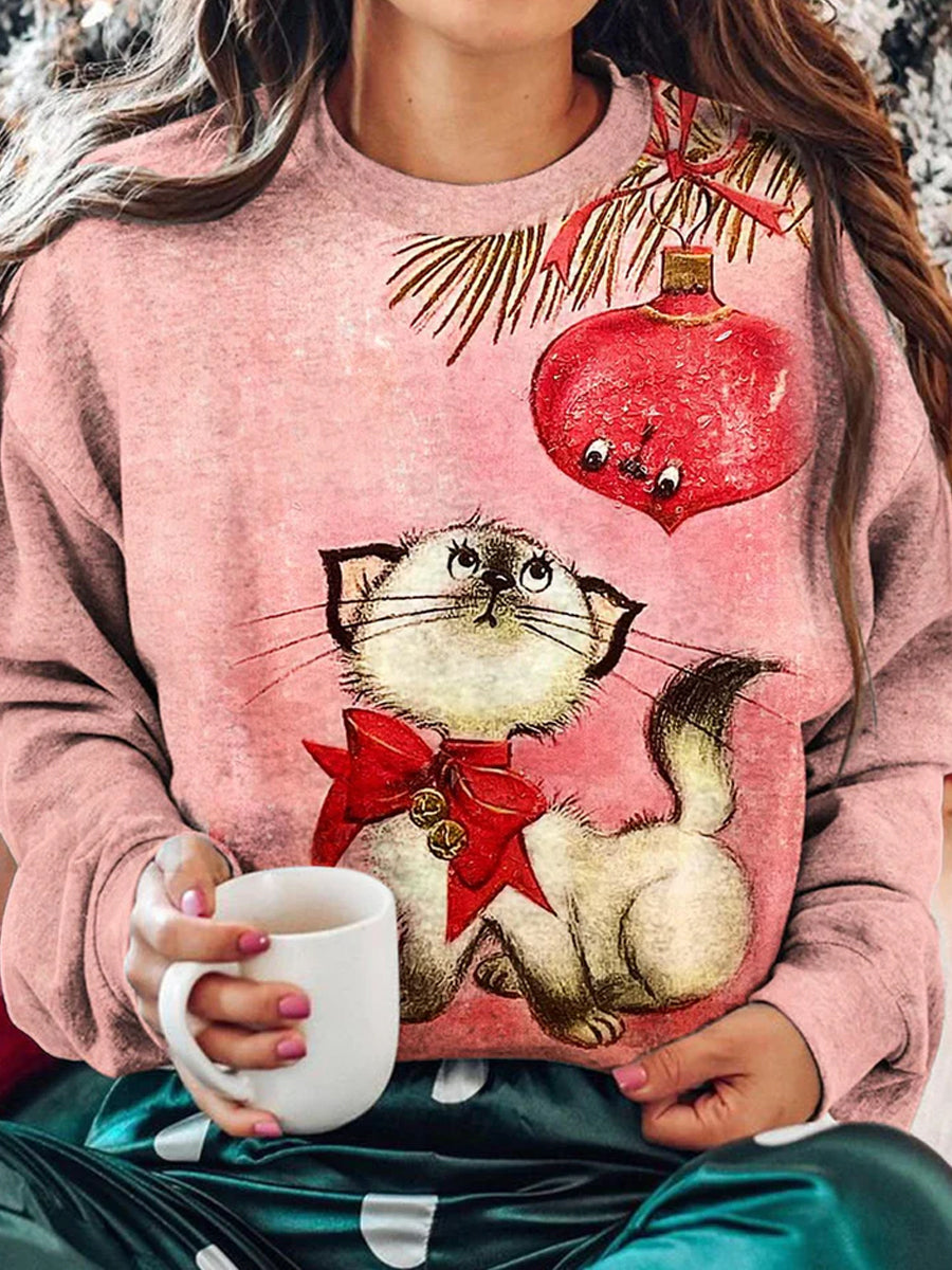 Mujeres moda Retro Navidad arte gato imprimir cuello redondo manga larga sudadera