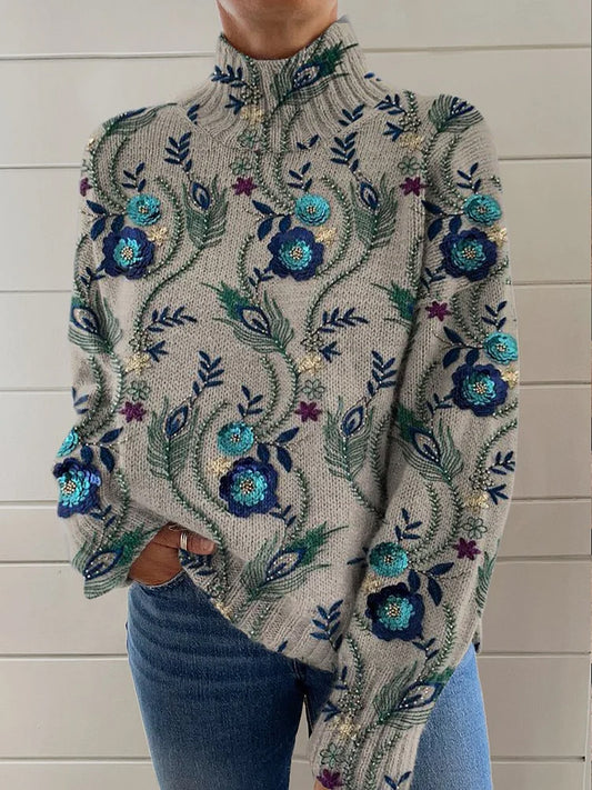 Suéter de manga larga con cuello alto y estampado floral retro de moda para mujer