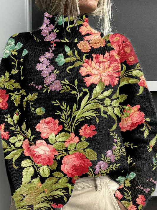 Suéter de manga larga con cuello alto y estampado floral retro de moda para mujer