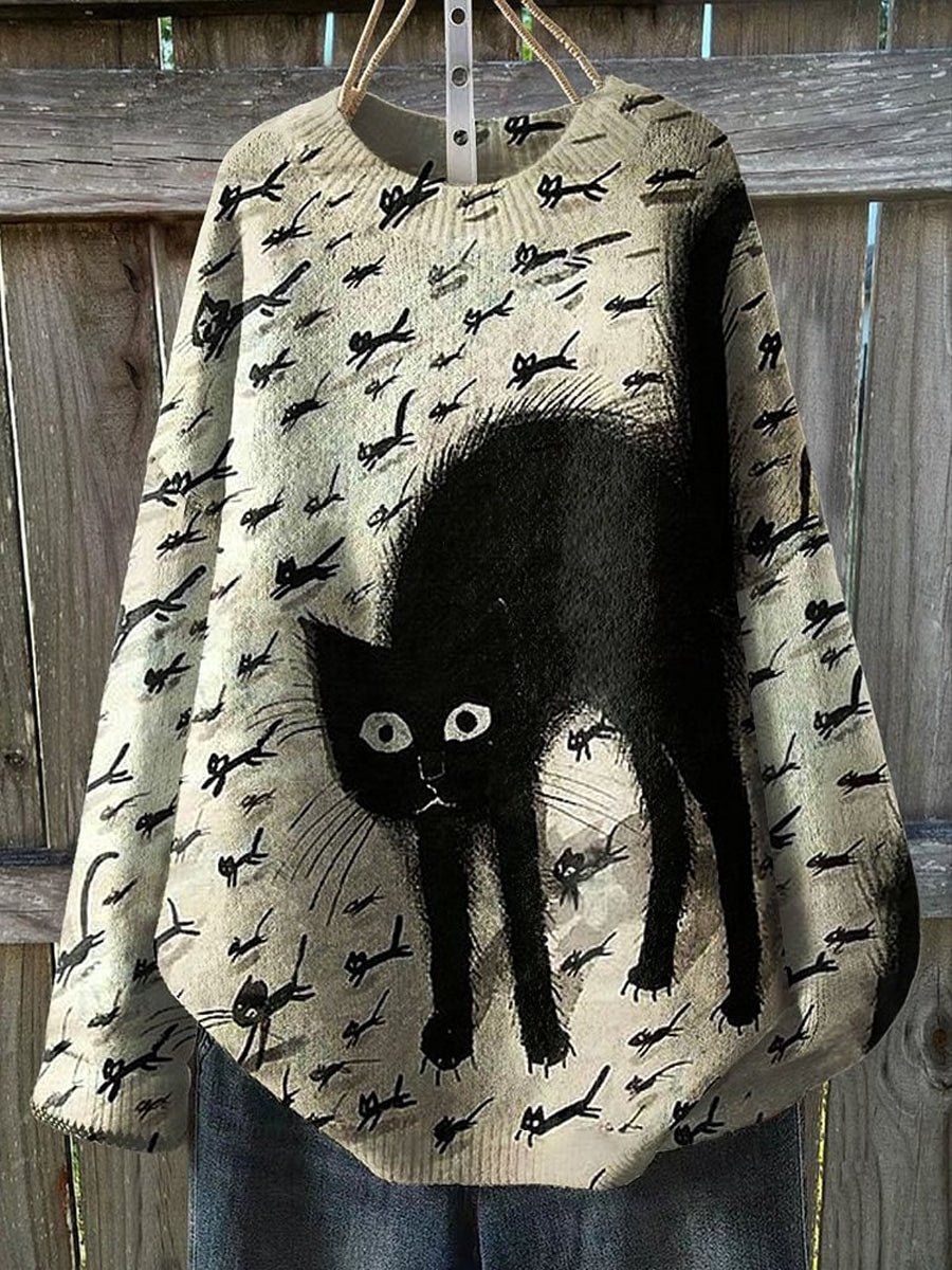 Moda de mujer elegante gato arte impresión cuello redondo suéter de manga larga