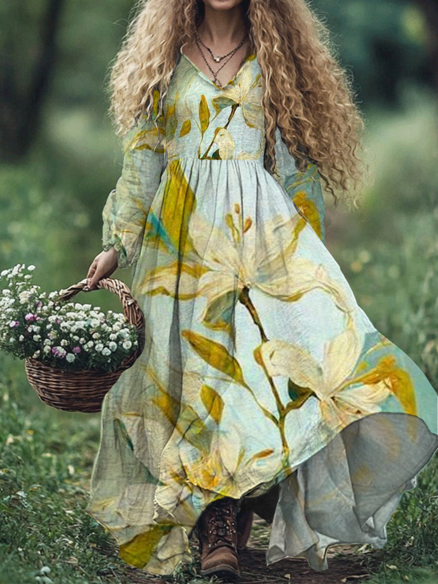 Vestido largo de manga larga con cuello en V y estampado floral de arte elegante de moda para mujer