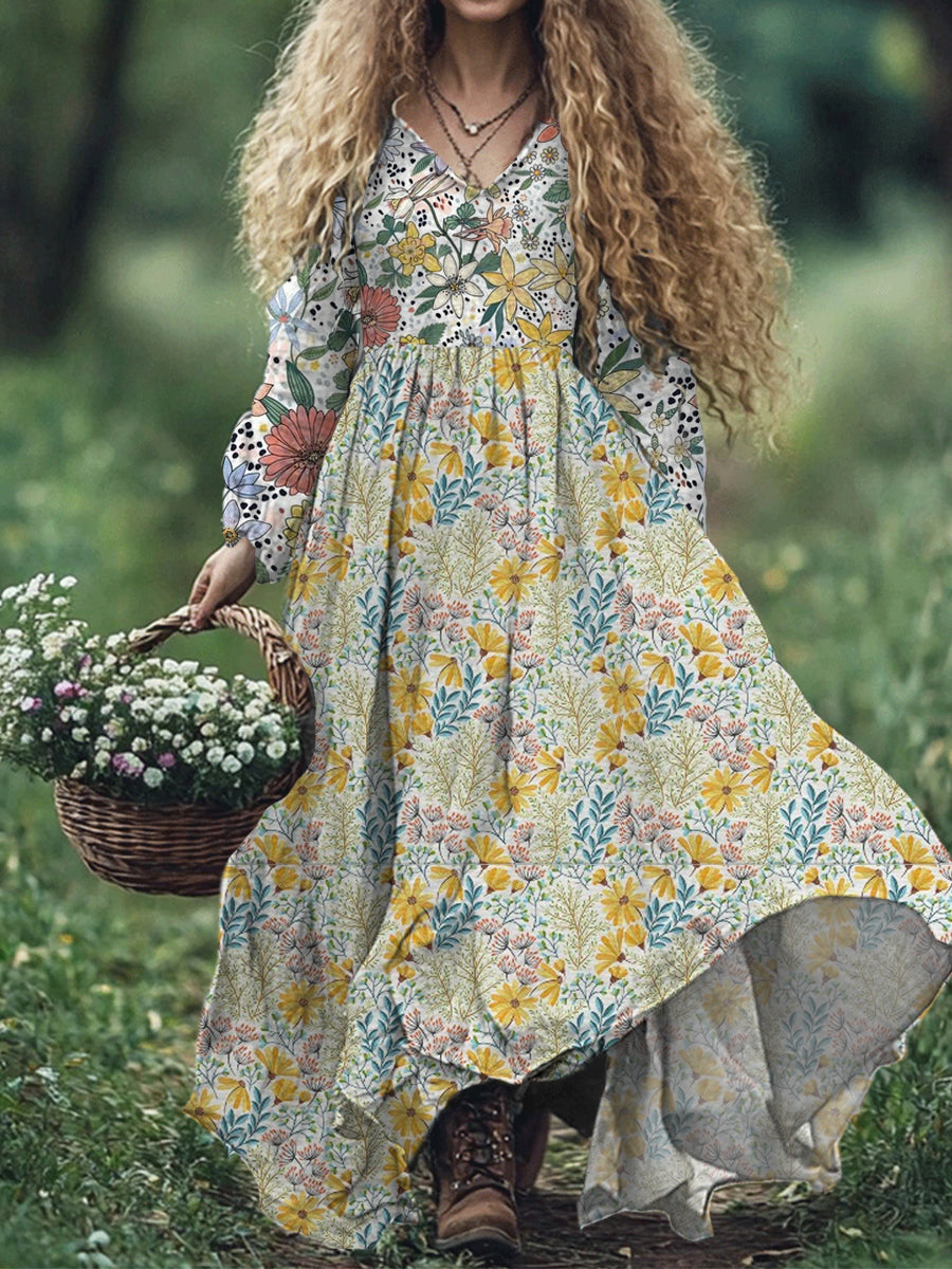 Vestido largo de manga larga con cuello en V y estampado floral de arte elegante de moda para mujer