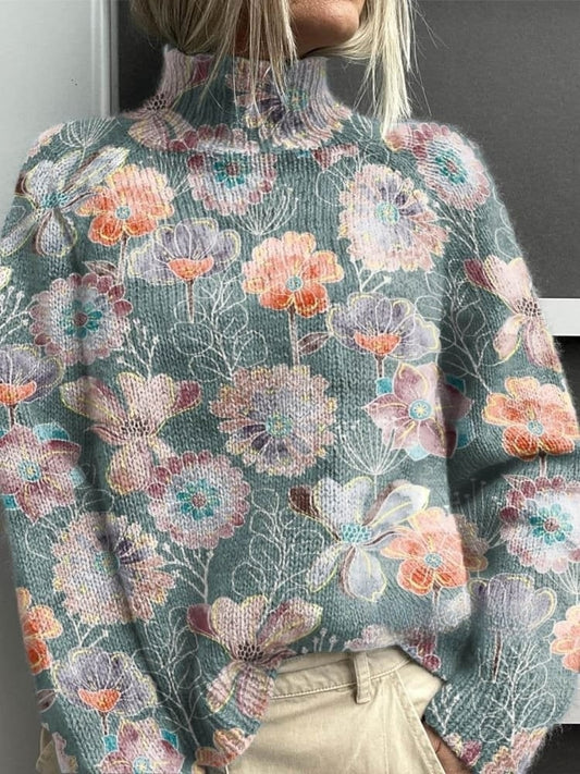 Suéter de jersey de cuello alto de punto de impresión de arte floral encantador de la vendimia de las mujeres