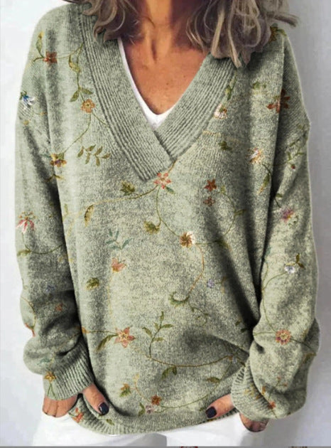 Lovely Floral Art Print Knit V-cuello Pullover Sweater