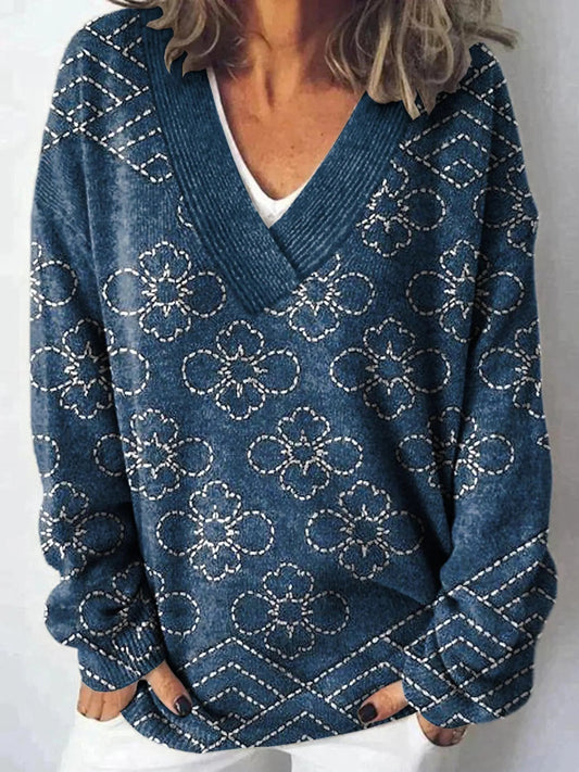 Lovely Floral Art Print Knit V-cuello Pullover Sweater