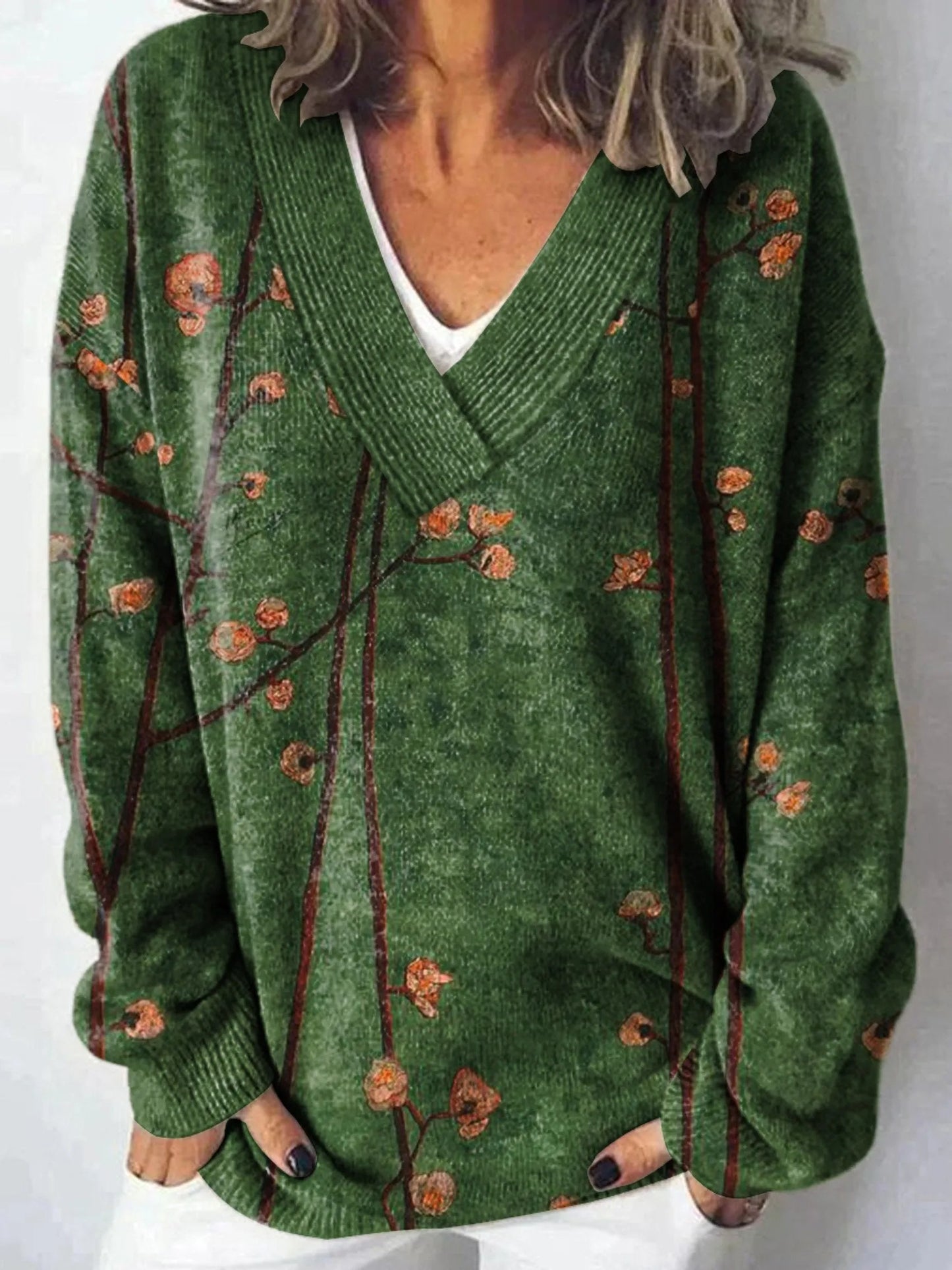 Lovely Floral Art Print Knit V-cuello Pullover Sweater