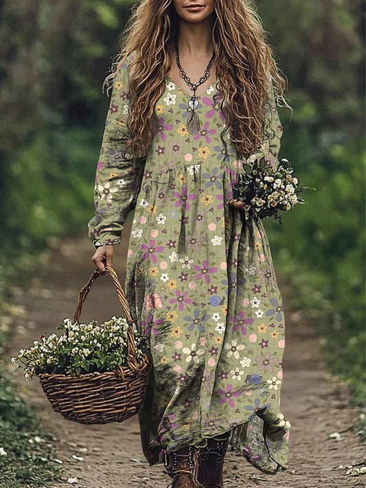 Vestido de bolsillo con cuello en V de algodón estampado floral rústico de la vendimia de las mujeres