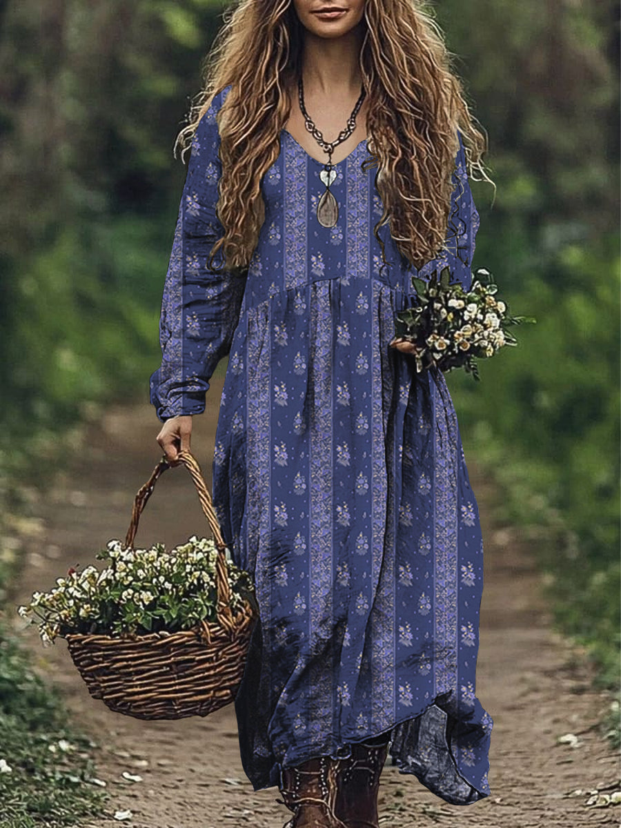 Vestido de bolsillo con cuello en V de algodón estampado floral rayado rústico vintage para mujer