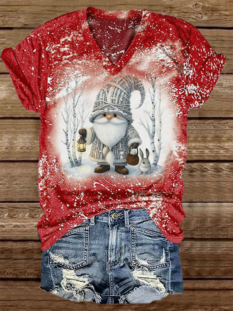 Unisex Navidad Gnome Imprimir Casual V-cuello de manga corta camiseta