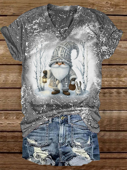 Unisex Navidad Gnome Imprimir Casual V-cuello de manga corta camiseta