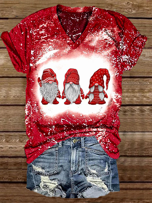 Unisex Navidad Gnome Imprimir Casual V-cuello de manga corta camiseta