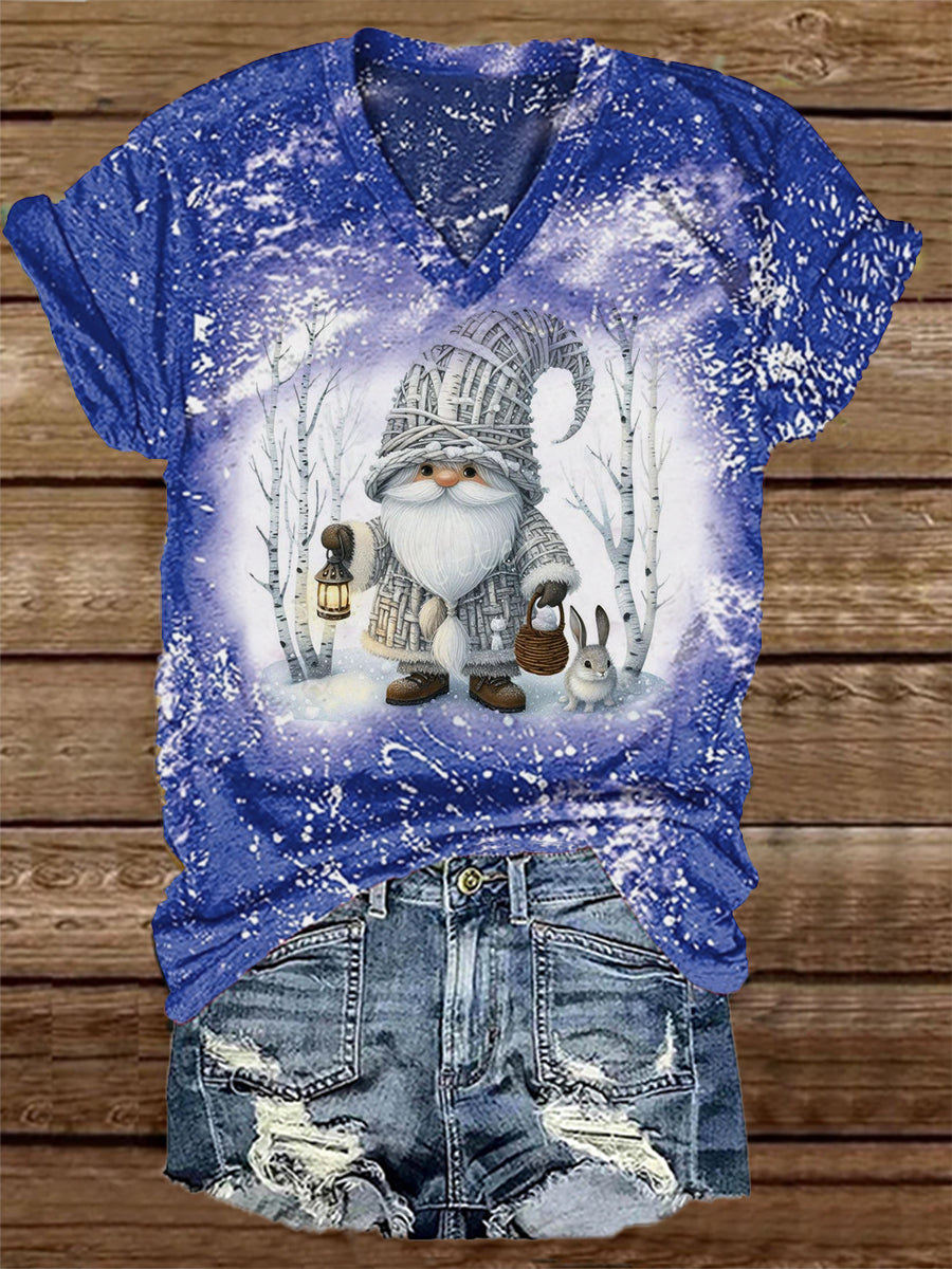 Unisex Navidad Gnome Imprimir Casual V-cuello de manga corta camiseta