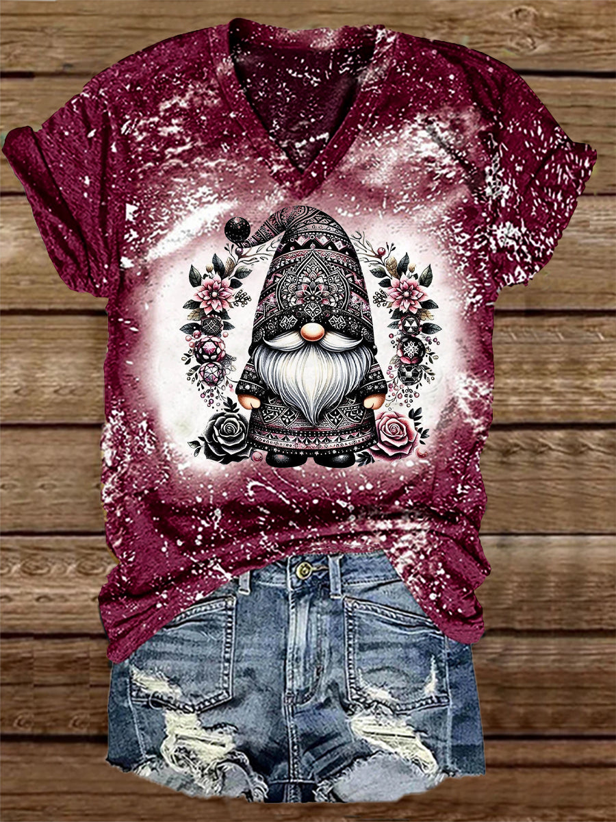 Unisex Gnome Flower Print Casual cuello en V manga corta camiseta