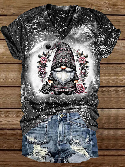 Unisex Gnome Flower Print Casual cuello en V manga corta camiseta