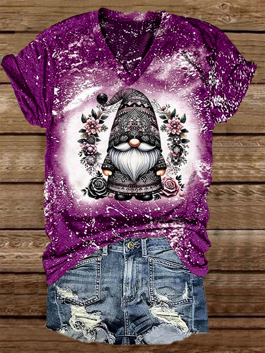 Unisex Gnome Flower Print Casual cuello en V manga corta camiseta