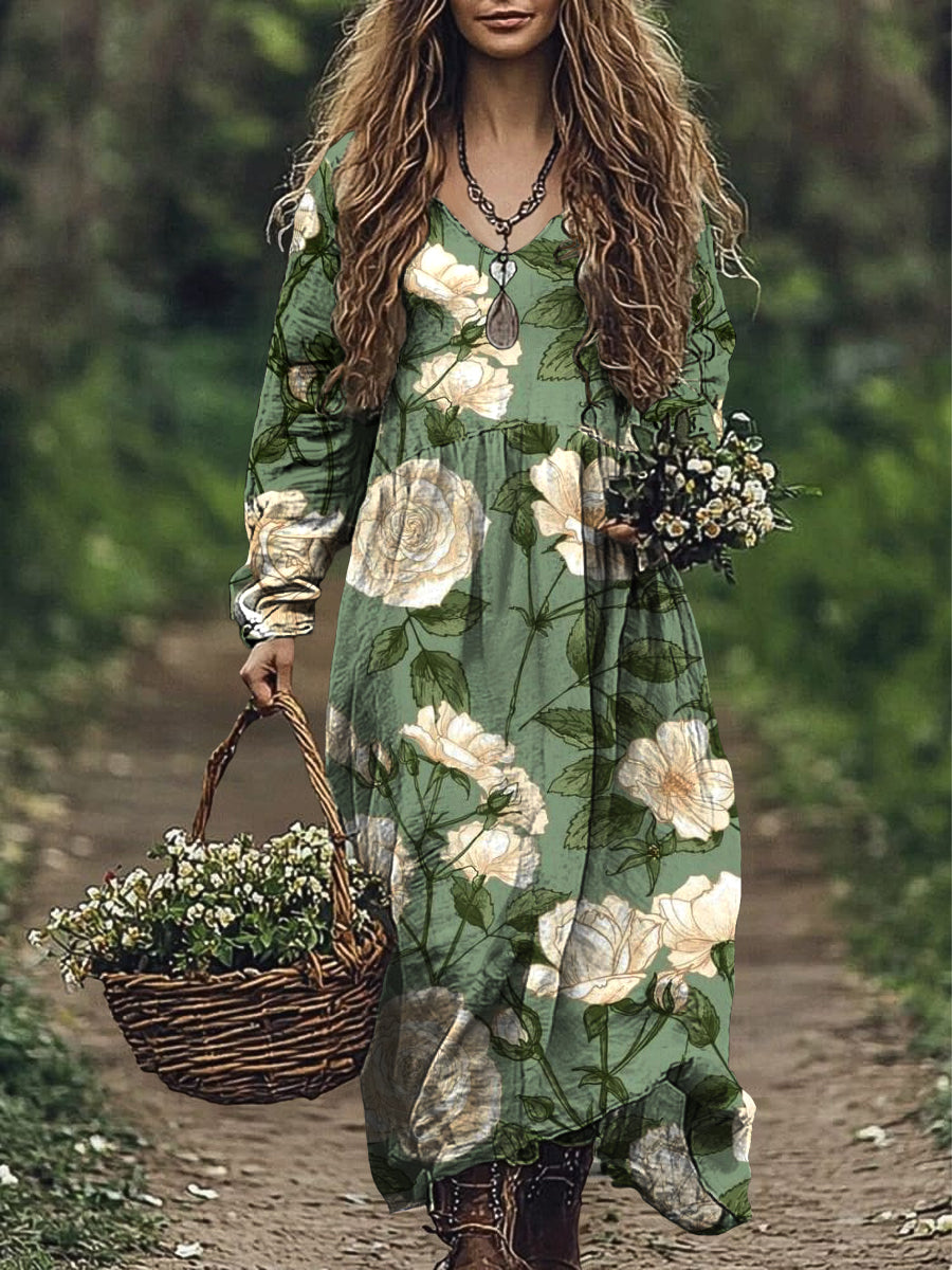 Vestido de algodón con estampado de arte floral rosa encantador de las mujeres