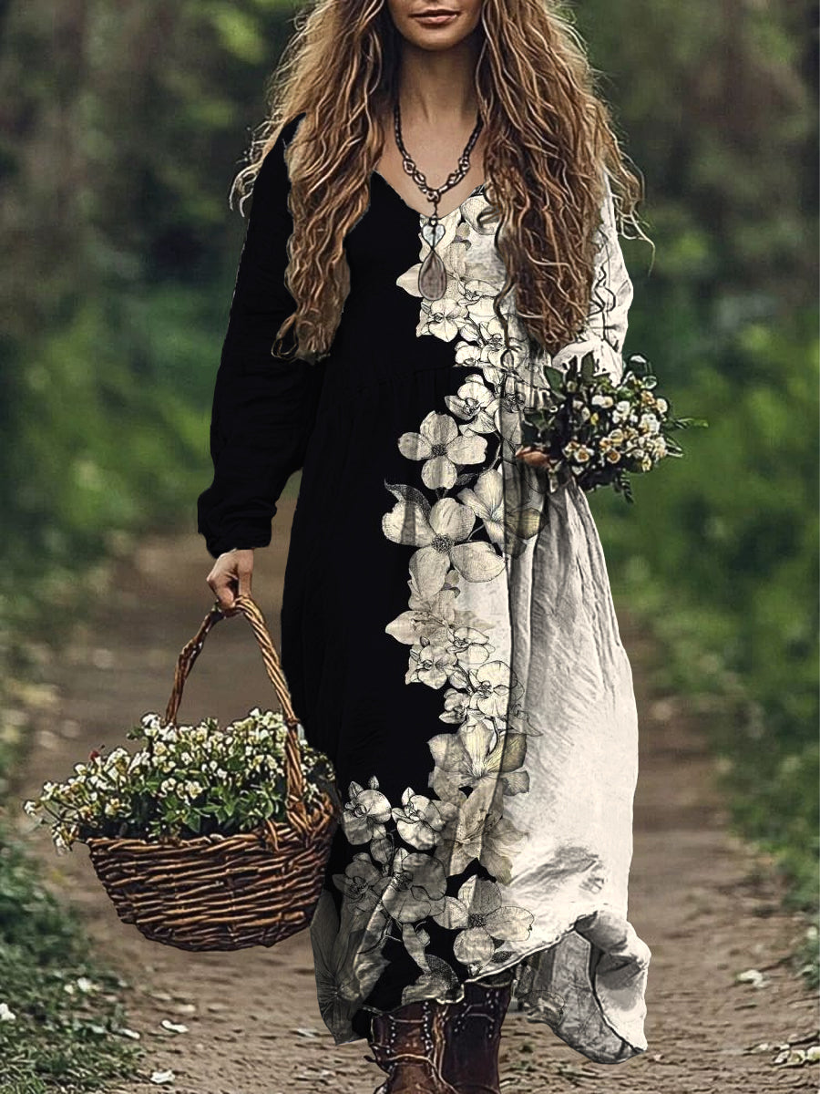 Vestido de algodón con estampado de arte floral encantador vintage para mujer