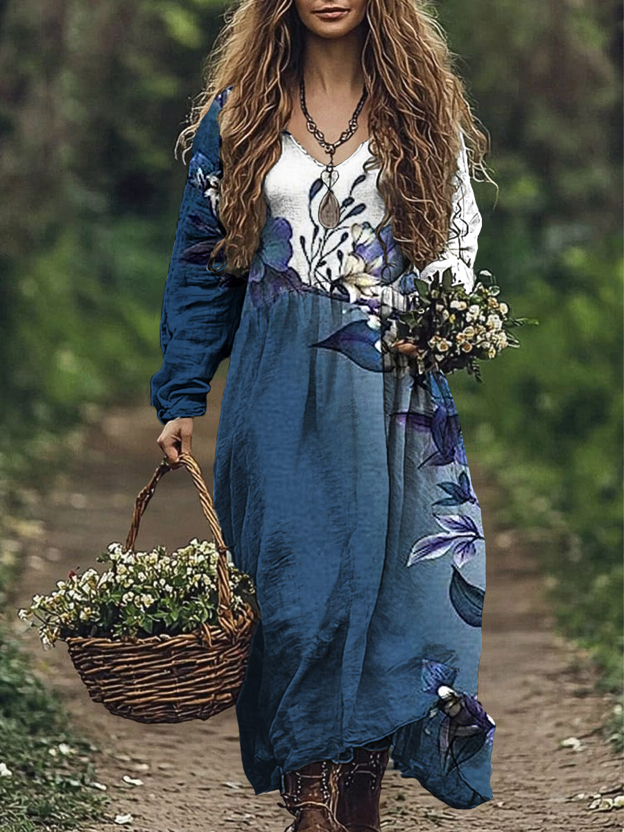 Vestido de algodón con estampado de arte floral de gradiente encantador vintage para mujer