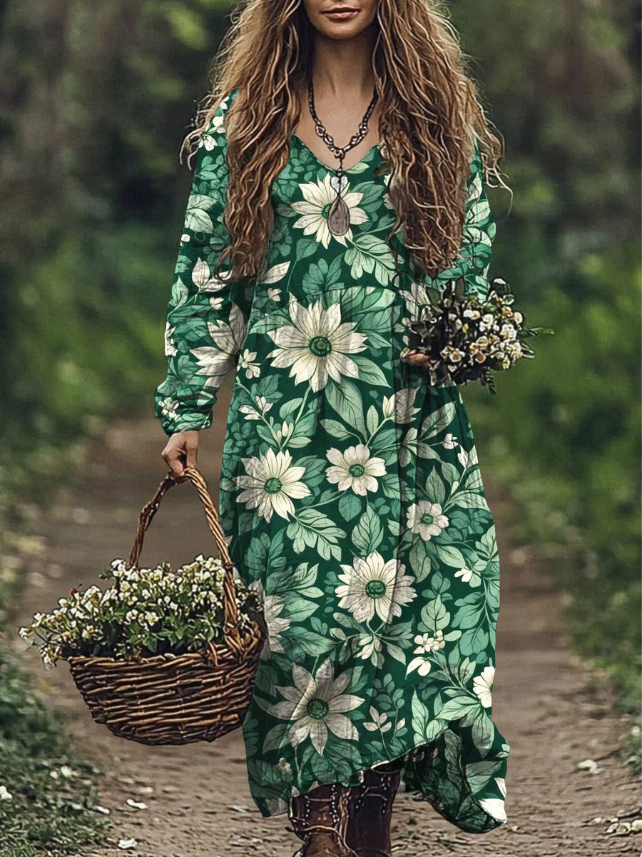 Vestido de algodón con estampado de arte floral encantador vintage para mujer