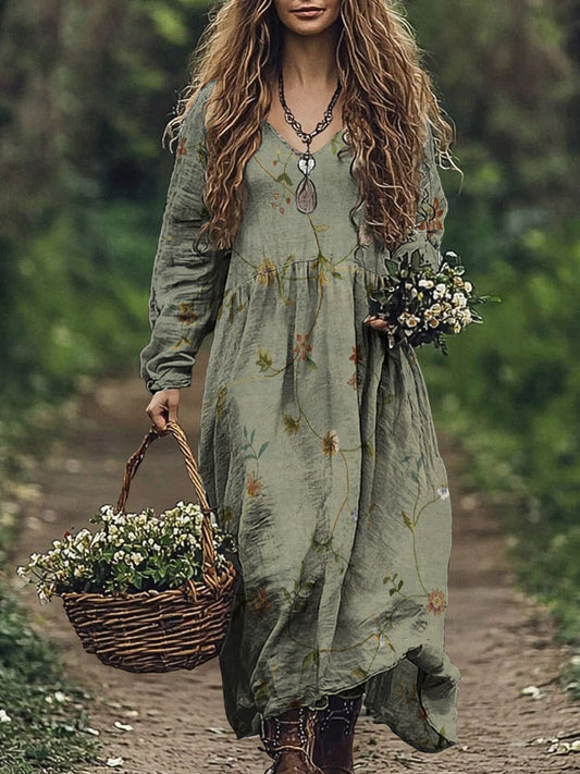 Vestido de algodón con estampado de arte floral encantador vintage para mujer