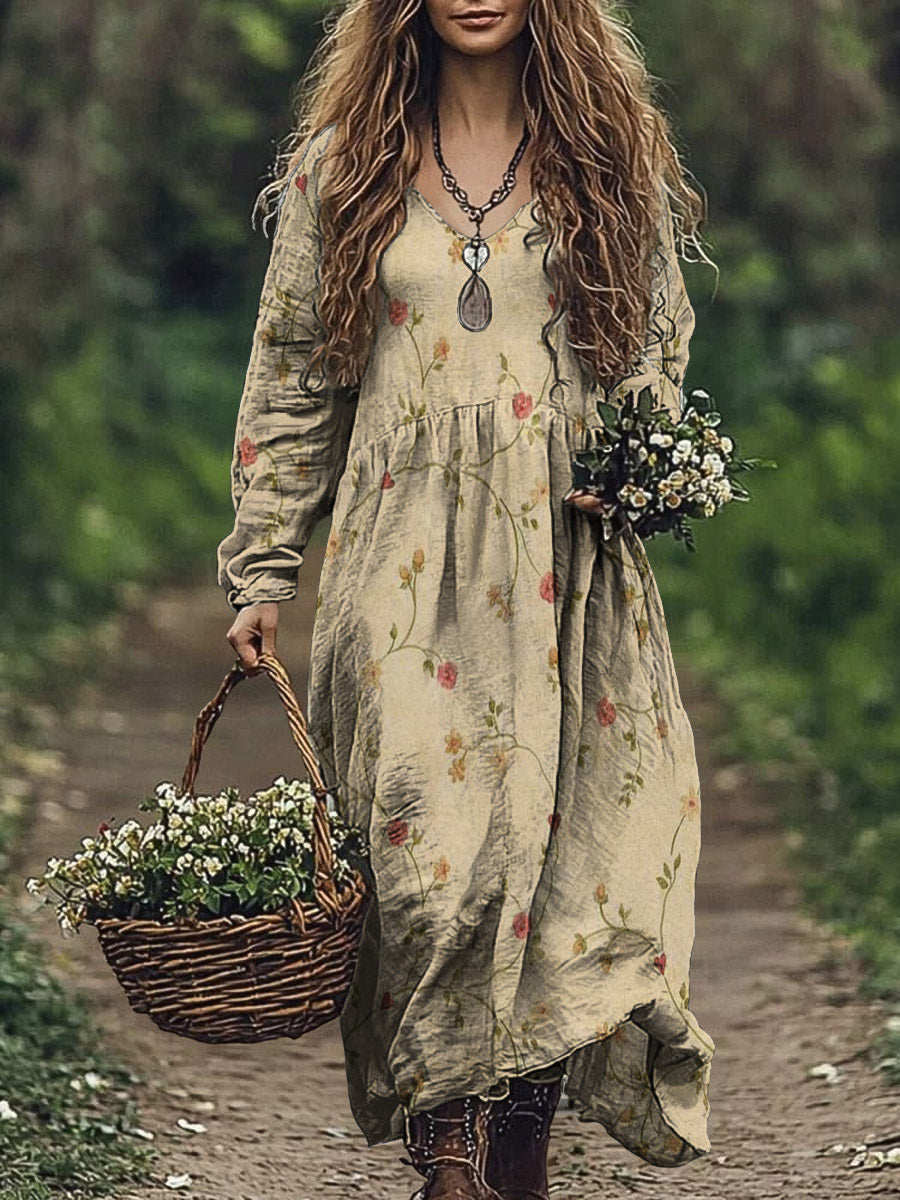 Vestido de algodón con estampado de arte floral encantador vintage para mujer