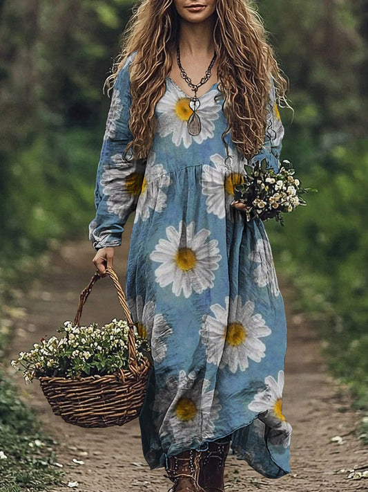 Vestido de algodón con estampado de arte floral encantador vintage para mujer