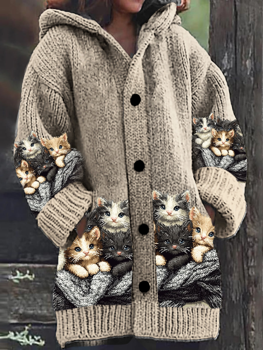 Vintage Gato Arte Imprimir Botón Grueso de manga larga con capucha Cardigan