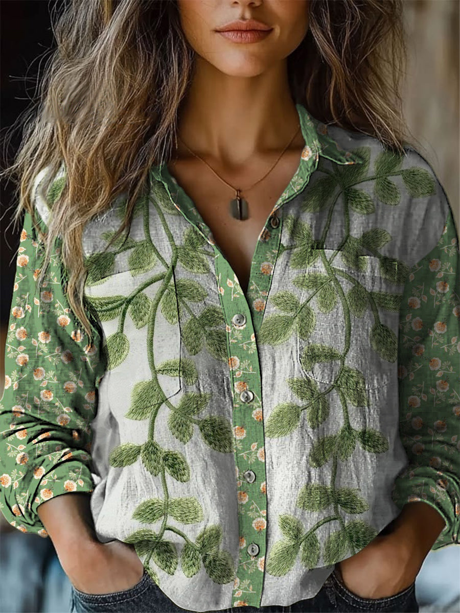 Retro Boho Floral Art Impreso Vintage Chic V-cuello botón de bolsillo de algodón de manga larga Camisa