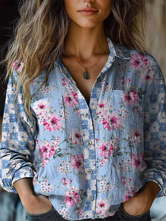 Retro Boho Floral Art Impreso Vintage Chic V-cuello botón de bolsillo de algodón de manga larga Camisa