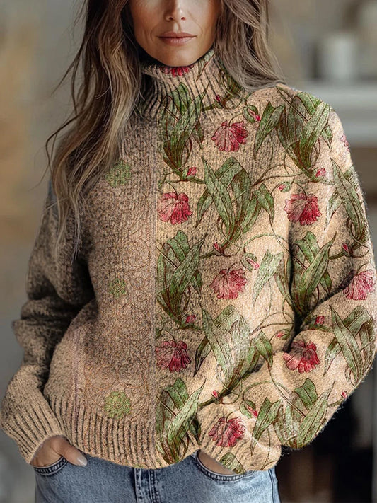 Vintage Boho Floral Patchwork Print Knit Turtleneck Pullover Suéter de manga larga