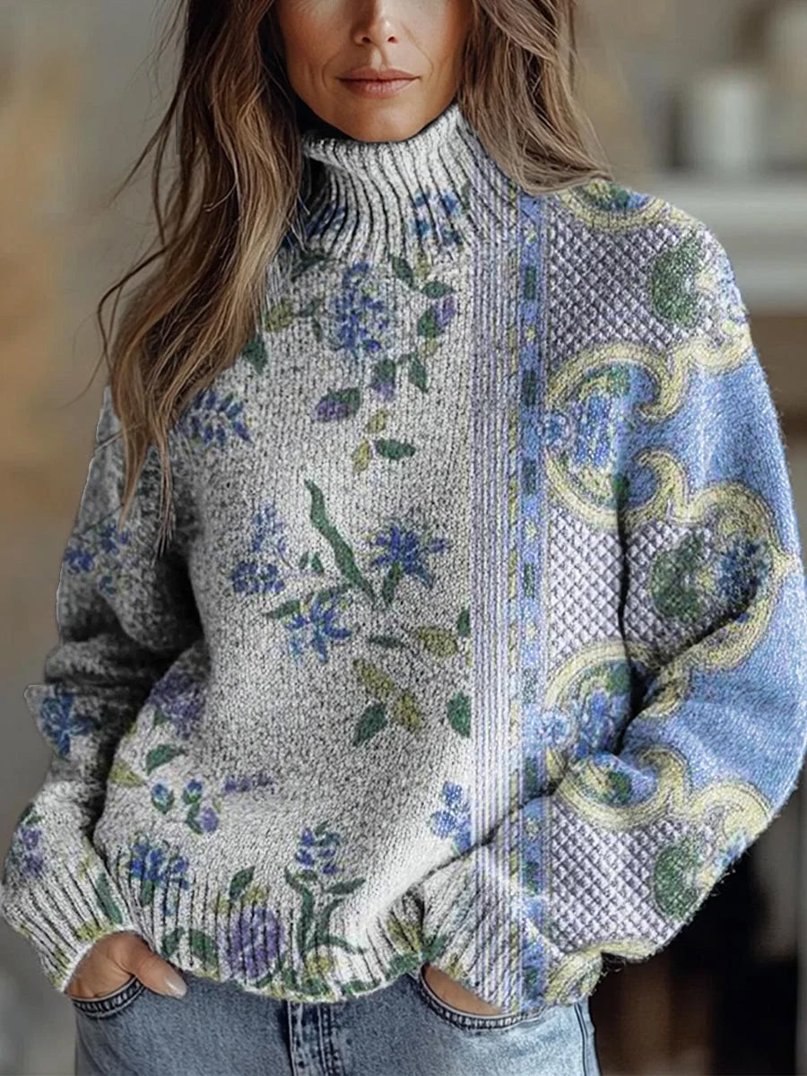 Vintage Boho Floral Patchwork Print Knit Turtleneck Pullover Suéter de manga larga