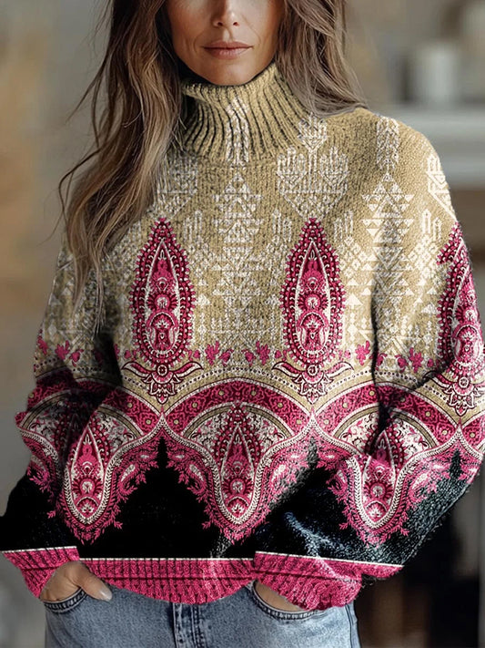 Vintage Boho Floral Patchwork Print Knit Turtleneck Pullover Suéter de manga larga