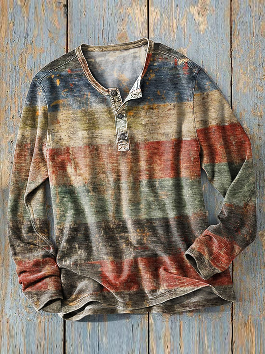 Hombres Vintage Western Color Stripe Art Print manga larga Henley Camisa