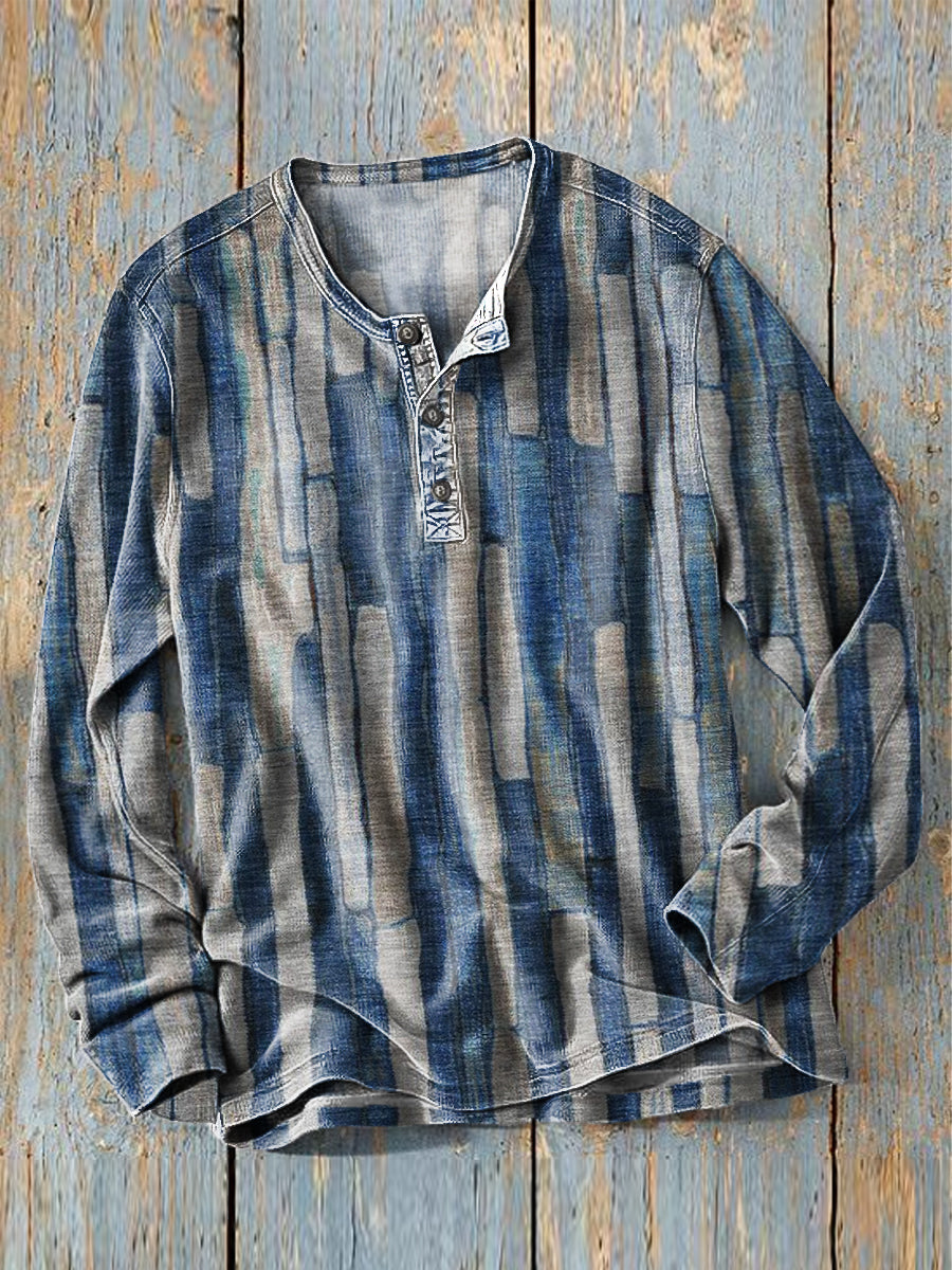 Hombres Vintage Irregular Stripe Art Print manga larga Henley Camisa