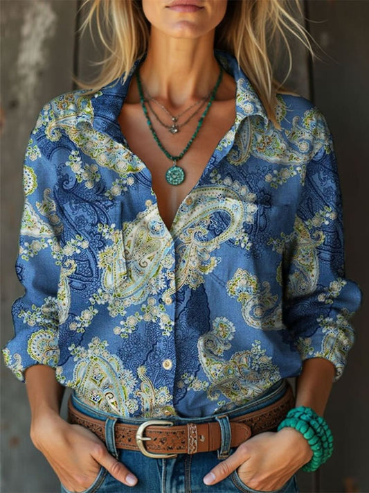 Retro Boho Floral Art Impreso Vintage Chic V-cuello botón de bolsillo de algodón de manga larga Camisa