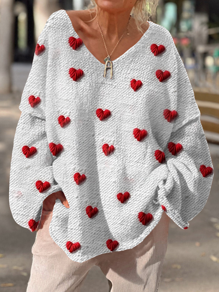 Retro Love Heart Art Print Chic con cuello en V de las mujeres suéter Casual Pullover