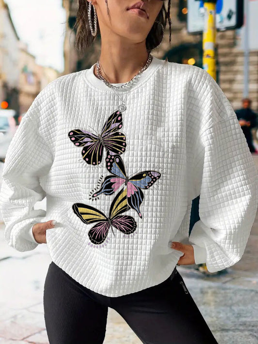 Mariposa de las mujeres Impreso Waffle de manga larga Casual Sudadera