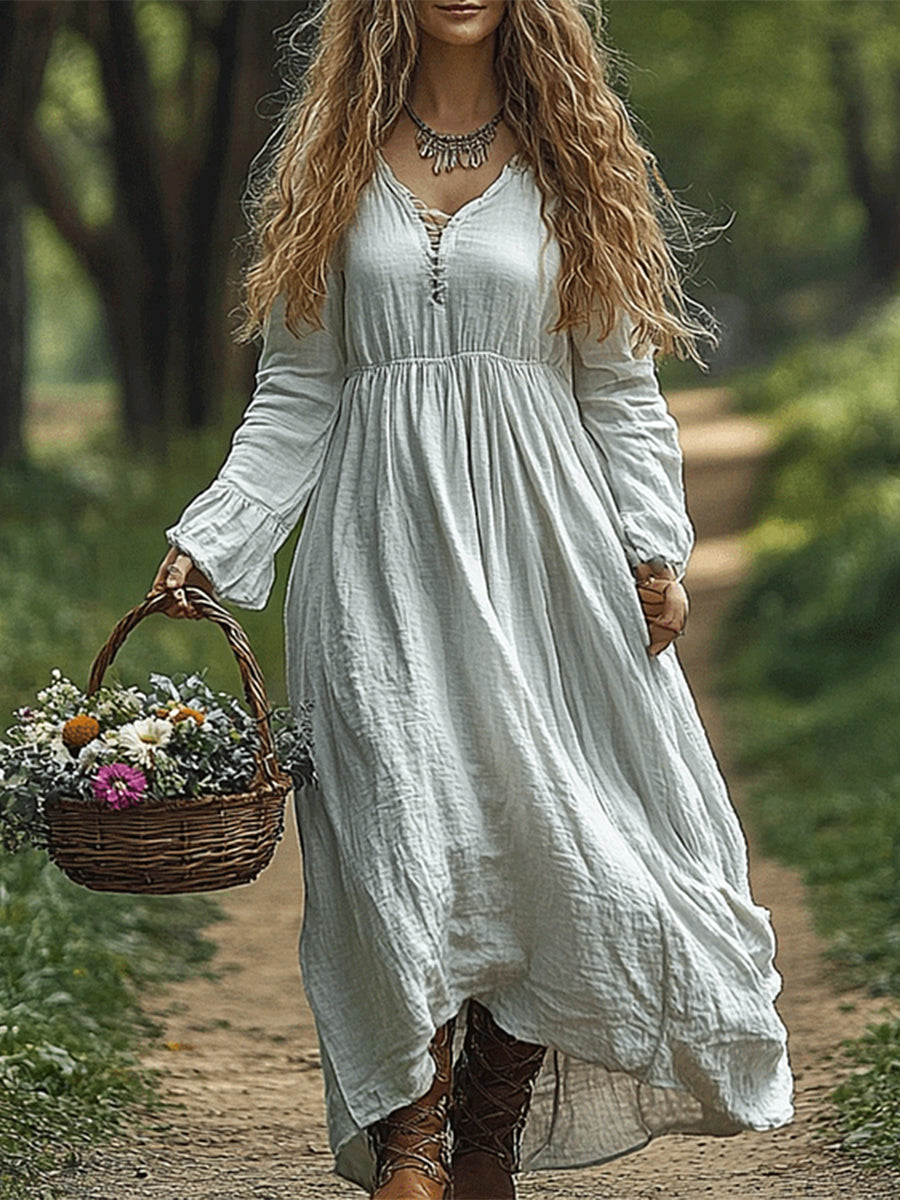 Vestido de manga larga de color sólido estilo bohemio para mujer