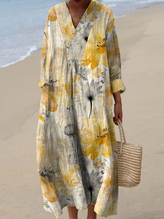 Vestido largo de manga tres cuartos con cuello en V estampado floral de arte de moda para mujer