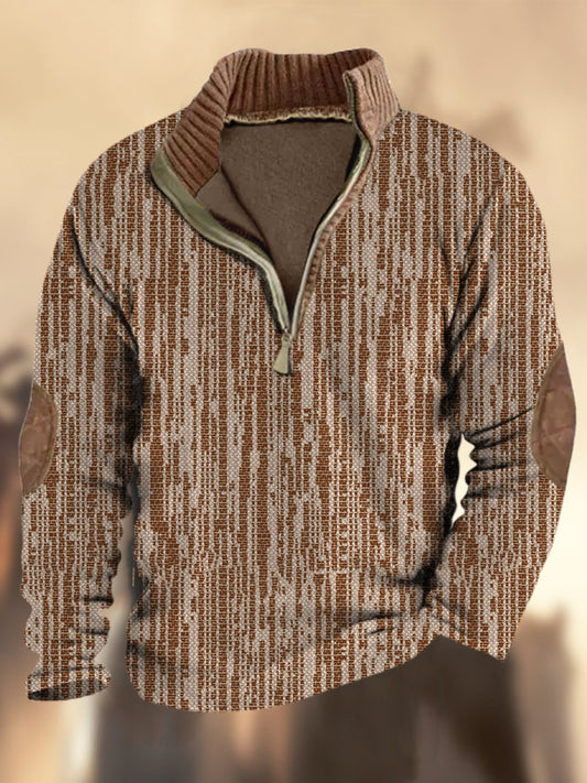 Patrón de textura de vaquero Impreso Western Village Hunting Logo Cremallera Cuello en V Sudadera gruesa al aire libre