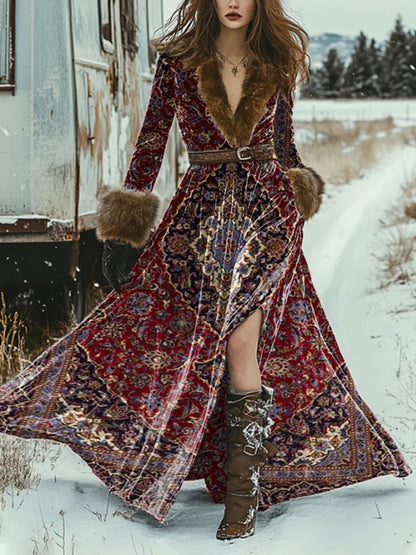 Vestido de invierno de patrón bohemio vintage para mujer